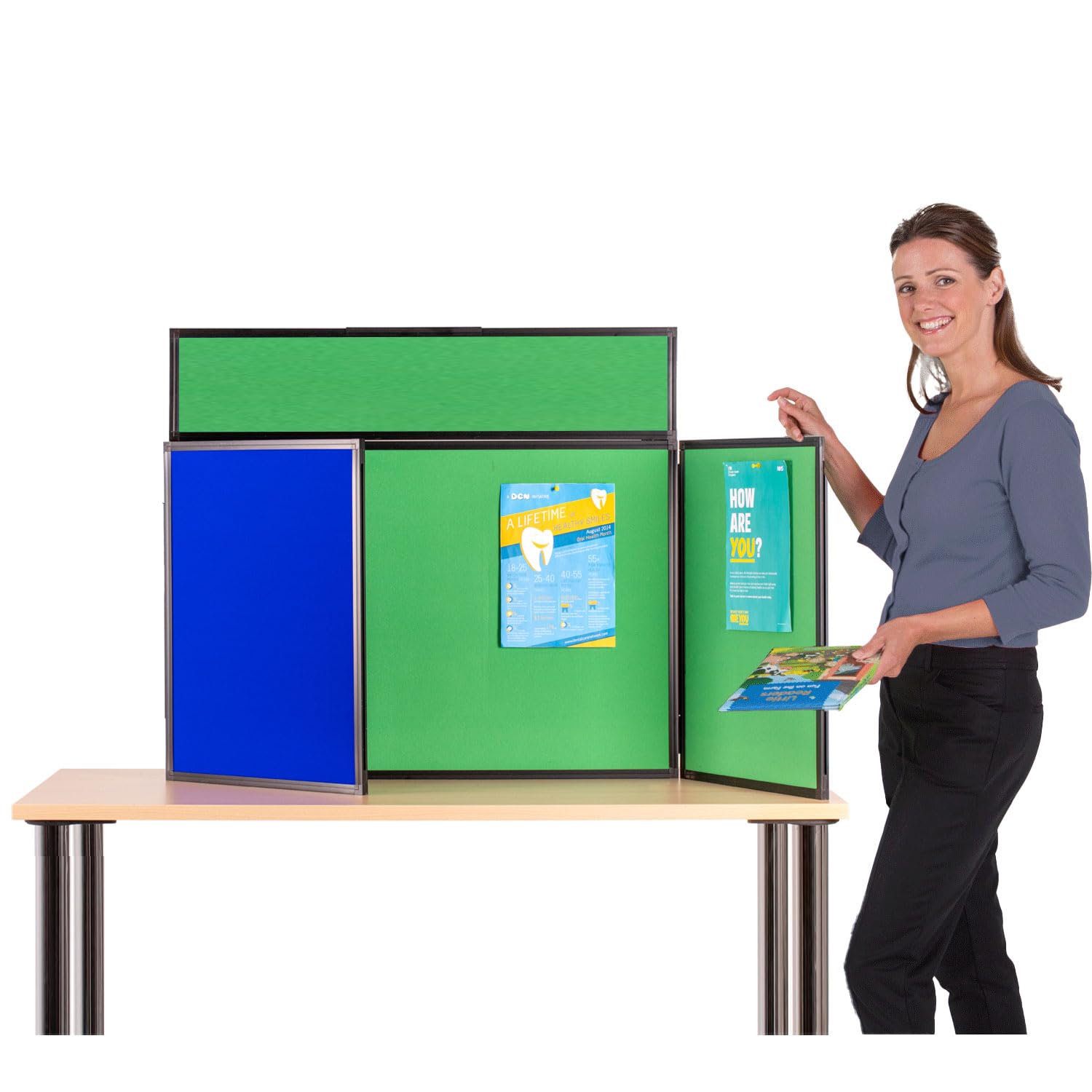 Wonderwall Foldaway Exhibition Display 3 Panel Kit (Landscape| Dual Colours Royal Blue/Quince Green| with Bag, Header & 100 Adhesive dots | Ideal for Schools, Fairs, Office,Events