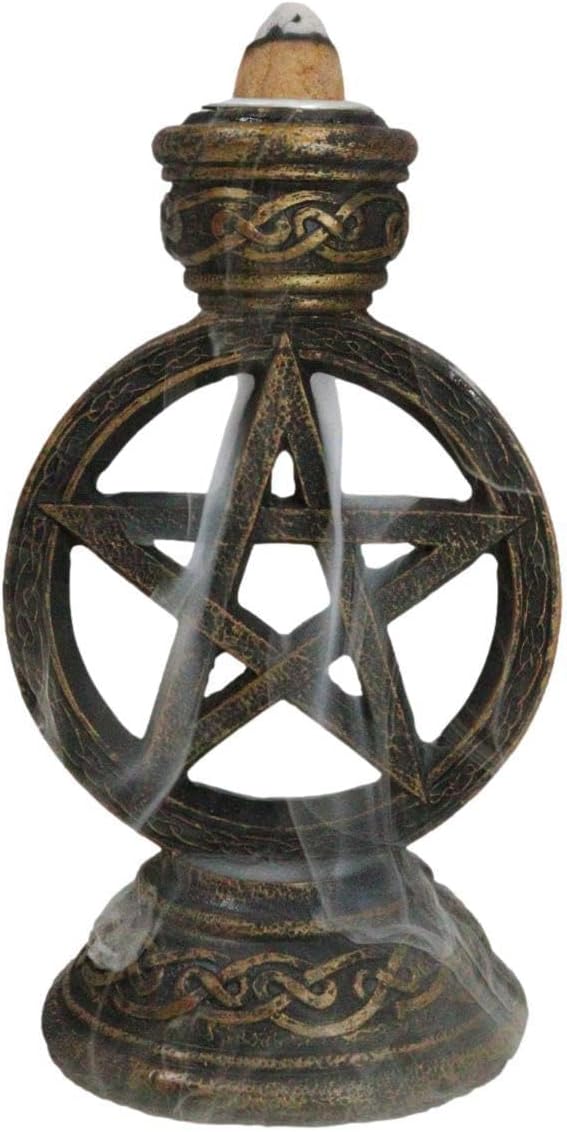 Ebros Gift Witchcraft Wicca Sacred Pentacle Pentagram Circle with Celtic Knotwork Backflow Incense Cone Burner Holder Figurine Halloween Occult Mystical Home Aromatherapy Accessory