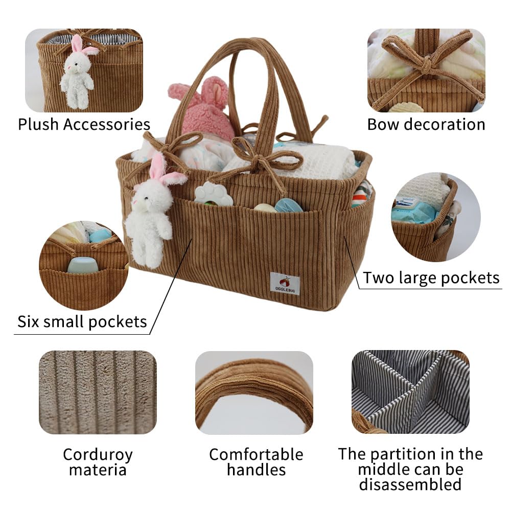 GiggleBug Baby Diaper Caddy Organizer – Nursery Storage Basket for Diapers, Wipes & Essentials – Portable Tote (Modern Brown) - 3