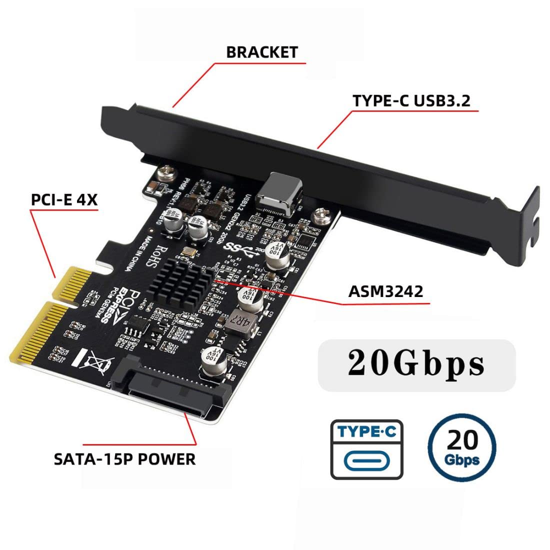 chenyang Adaptador CY PCIe a USB C, USB 3.2 Gen2 Tipo C a PCI-E 4X Express Card Adapter para placa base 20Gbps