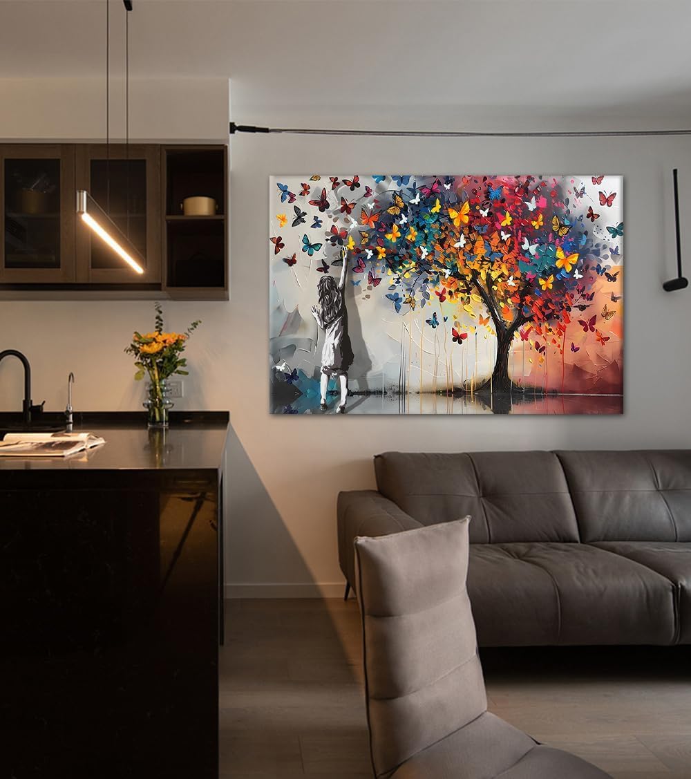 Canvas Trend Street Graffiti Canvas Wall Art Colorful Butterflies Little Girl Poster Banksy Positive Print Artwork Wall Decor for Living Room Bedroom Office Nursery Ready to Hand 24x36inch