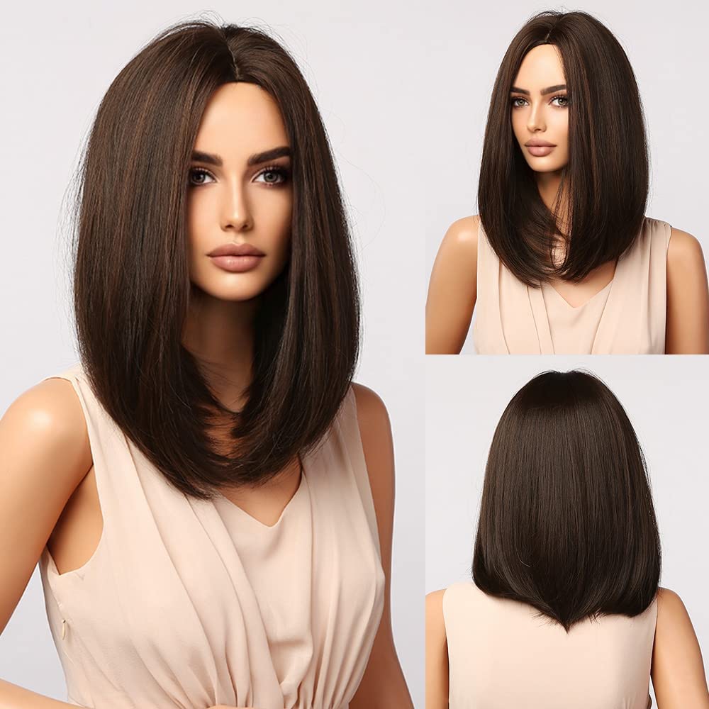 ASG Short Natural Brown Bob Wigs Shoulder Length Wigs for Women Middle Part Heat Resistant Fibre Synthetic Wig Daily Natural looking (FMP9000)-image-24
