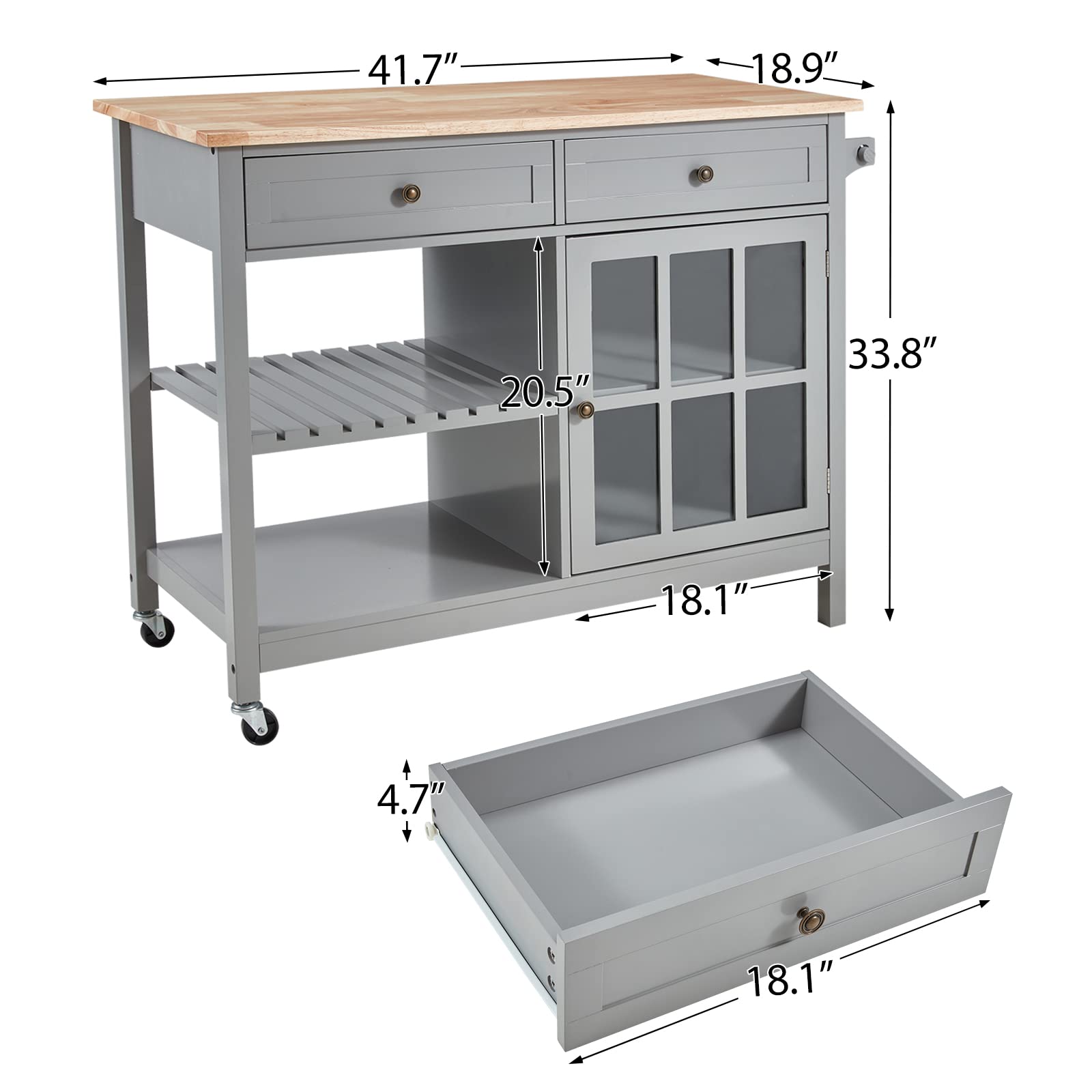 HOMHUM Rolling Kitchen Island Cart with Storage, 42 Inch Wood Tabletop