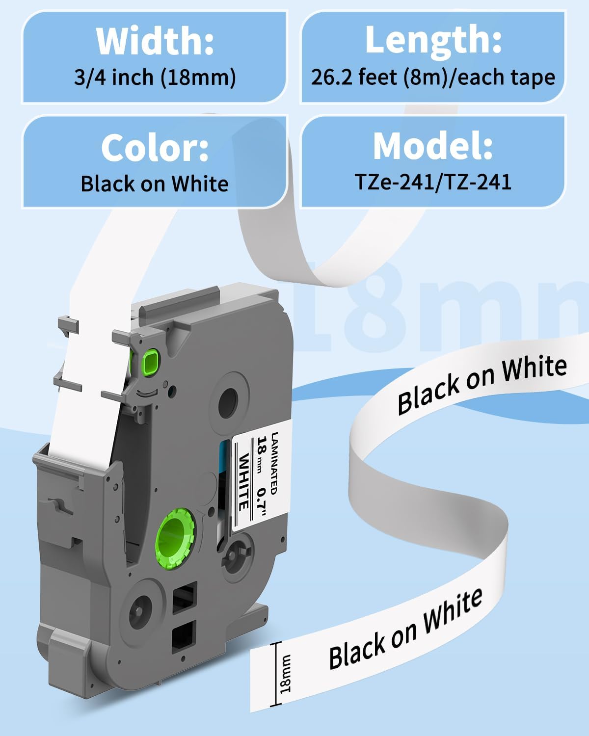 TZe-241 TZe241 Replacement for Brother P Touch Label Tape TZe TZ Tape 18mm 0.7 Inch Laminated White Label Maker Tape, Compatible with Brother PT-D400 PT-D410 PT-D600 PT-D610BT, 3/4 Inch, 4-Pack - Image 8
