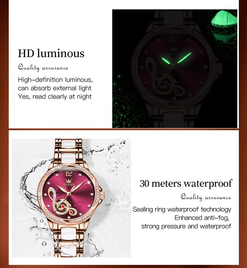 Image of OLEVS Women's Wrist Watches Automatic Red Face Self Winding Watches for Women reloj para Mujer Rose Gold Mechanical Dress Diamond Ladies Waterproof Without Battery Music Note