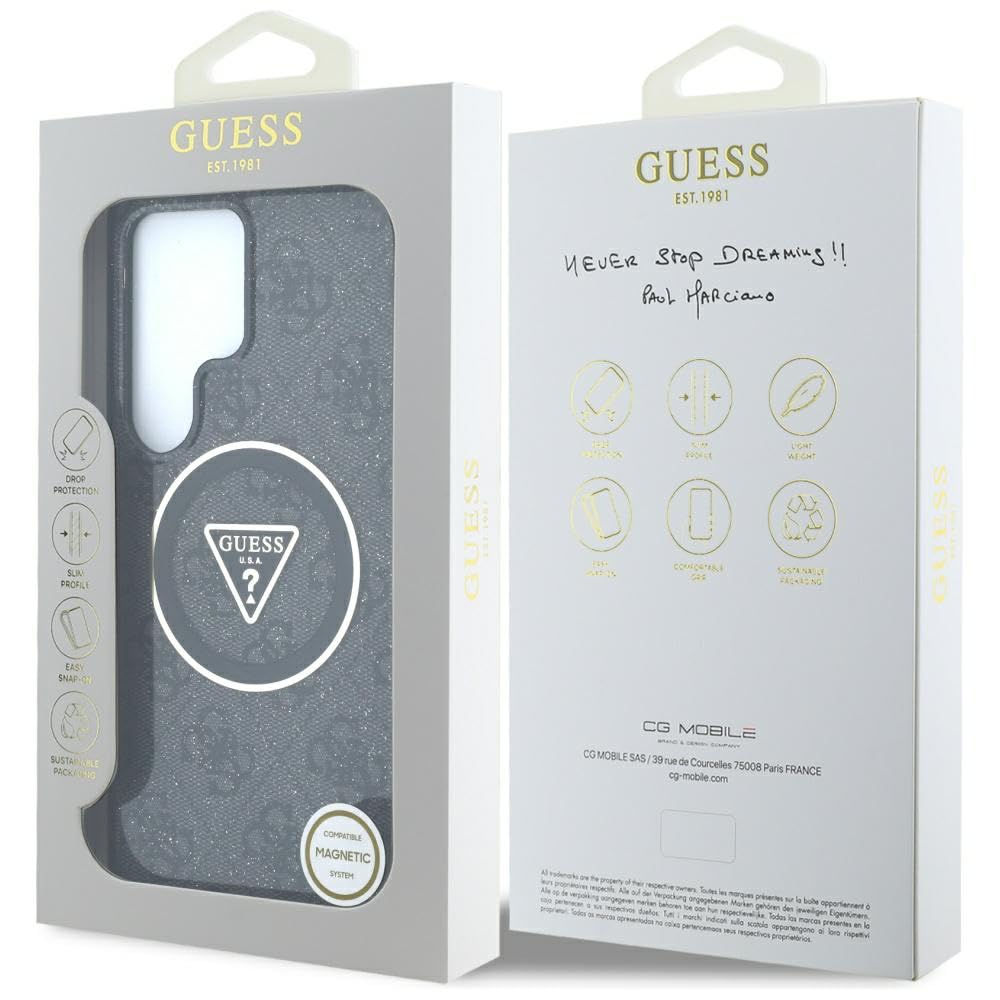 CG MOBILE Funda con licencia Guess para S25 marrón 4G Glitter Triangle Buttons compatible con MagSafe