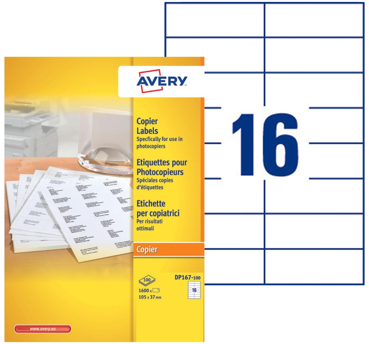 AVERY - Boite de 1600 étiquettes autocollantes multi-usages, Format 105 x 37 mm, Impression copieur, (DP167-100) | Boîte de 1600, Impression Copieur, DP167-100