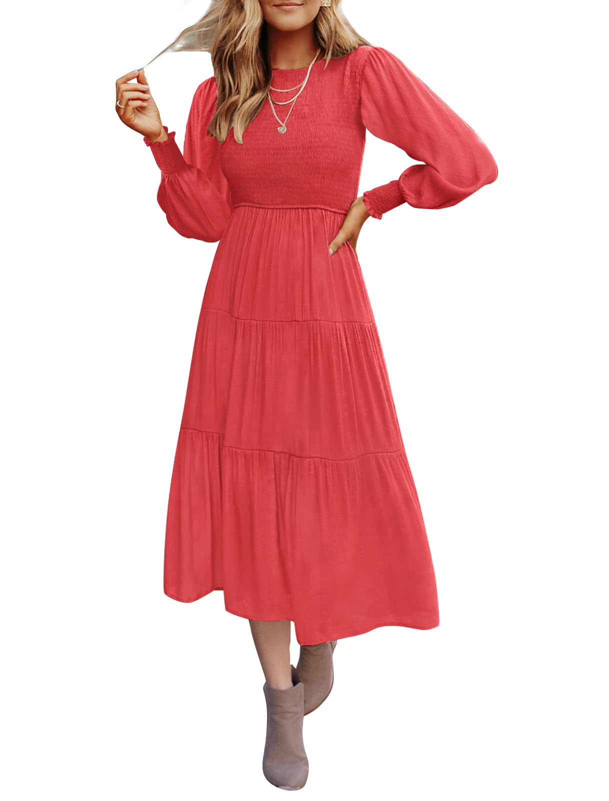 ZESICA Women's 2023 Casual Long Sleeve Crew Neck High Waist Smocked Flowy Tiered Midi Dress,Watermelonred,Medium