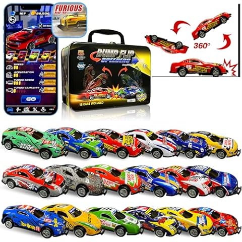 18 Stunt Pull Back Cars Toys Pack - Jumping Flip 1:64 Vehicles Die Cast Metal Mini Race Cars Set with Metal Storage Case & Free Online Games - 2023 Hot Toy Party Gift for Kids Ages 3+ Years Old Cover