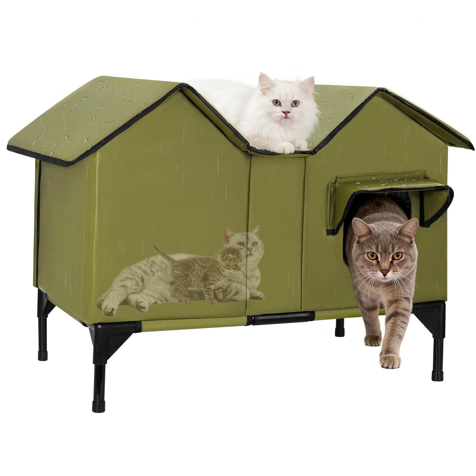 Outdoor Cat House, Extra Large Waterproof Cat Kennel with Elevated Base, Insulated Pet House for Indoor Outdoor Cats and Small Dogs, Feral Cat Shelter for Multiple Cats,Green