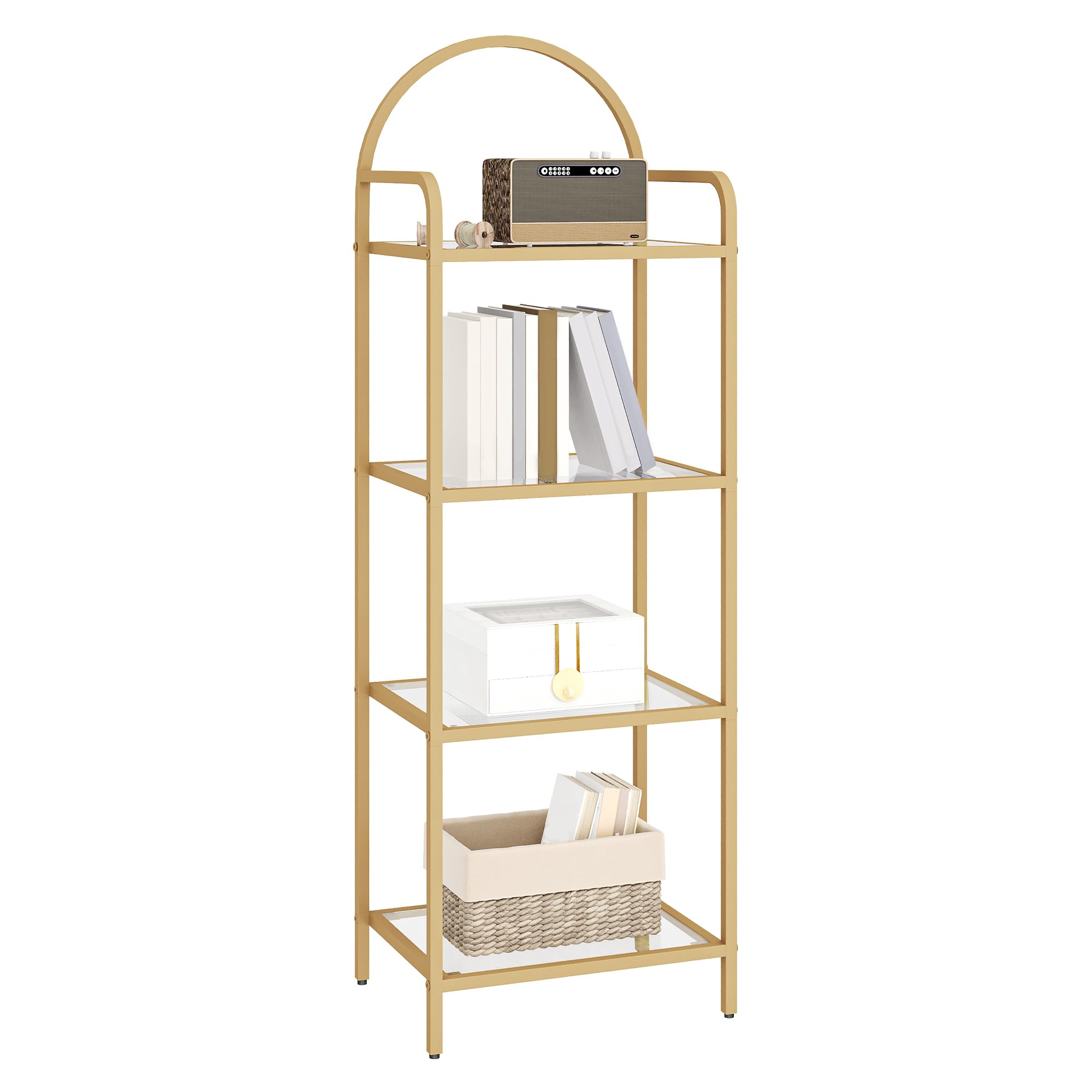 Hzuaneri Bibliothèque 4 Niveaux, Étagère en échelle en Verre trempé, étagère Mince pour la Chambre, la Salle de Bain, Le Bureau à Domicile, Cadre en Métal, Doré BC04001G