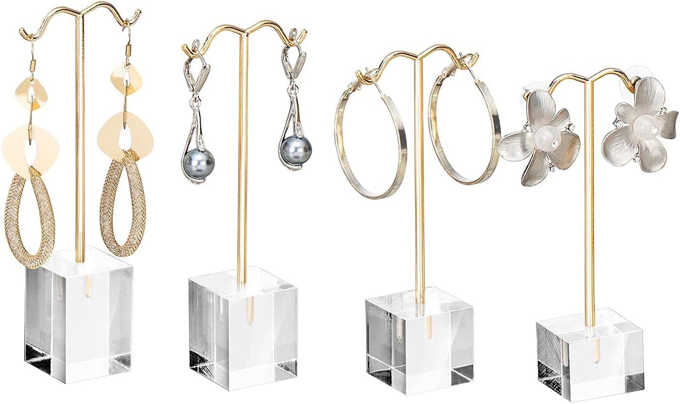 MOOCA 4 Pcs Set Acrylic Earring Display Stand Acrylic Earrings Holder, Countertop Earrings Display, T Stand Showcase Jewelry Display, Acrylic Jewelry Earrings Stand, Gold Color : Clothing, Shoes & Jewelry