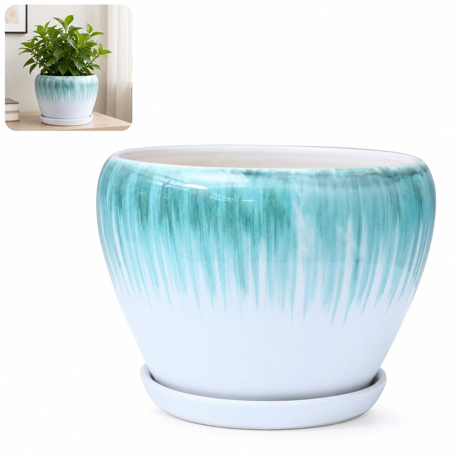 DUY Glazed Ceramic Plant Pot with Drainage Hole and Saucer, Decorative Planter for Indoor Plants, Succulent, Cactus (blue,24 * 19cm)