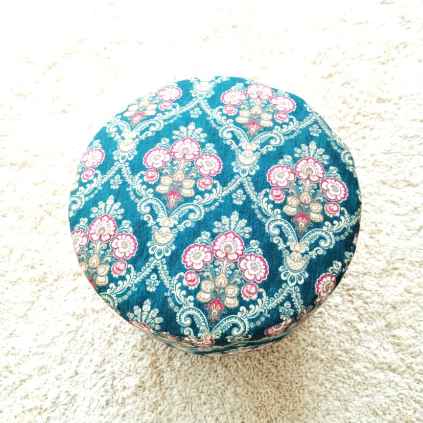Image of Foot Rest Ottoman Teal Floral Damask (1 Seater Footrest, Sheesham Wood, Black) Ottoman, Stool, Wooden Stool, Footrest, Pouffe, Seating Stool, Living Room Stool