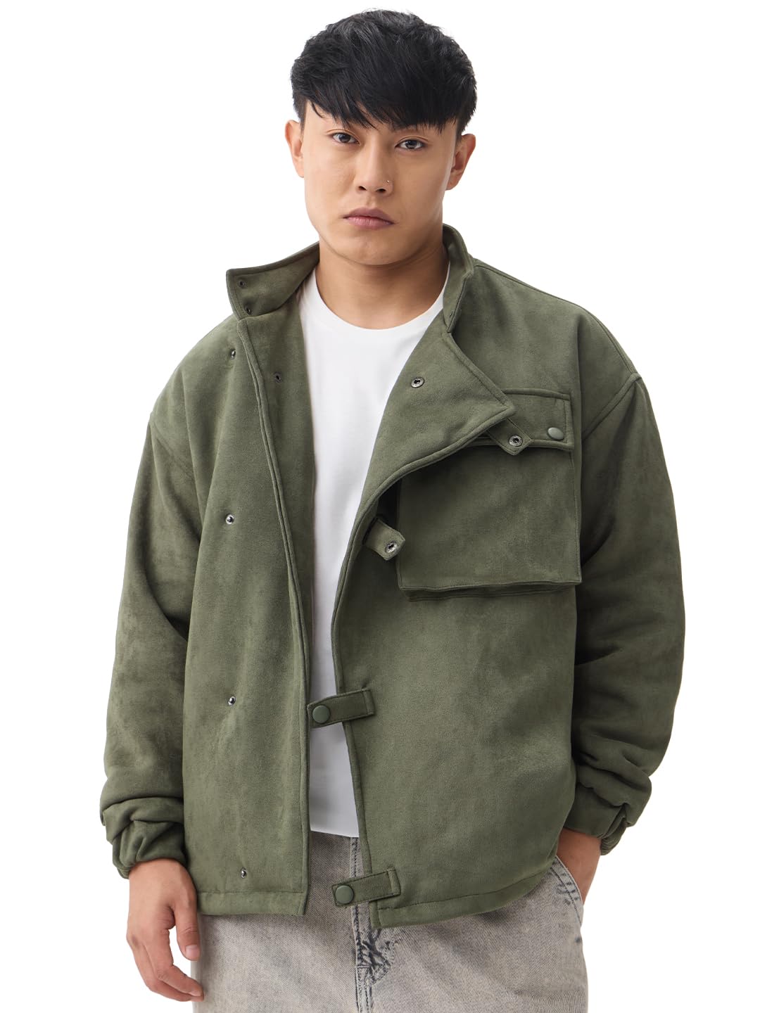 the souled store Racer Jacket: Men and Boys Full Sleeves Mock Neck Hunter Green Solid Suede Oversized Fit Utility Pockets Lightweight Winter Jacket-picture-27