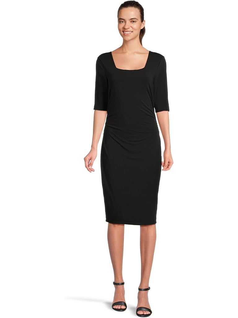 Black Mod-o-doc Elbow Sleeve Below The Knee Ruched Dress