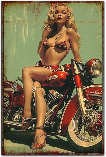 Letreros de estaño de chica sexy en una motocicleta, decoración de pared de arte clásico retro  Garajehabitacióngranja, pintura de estaño  Diseño
