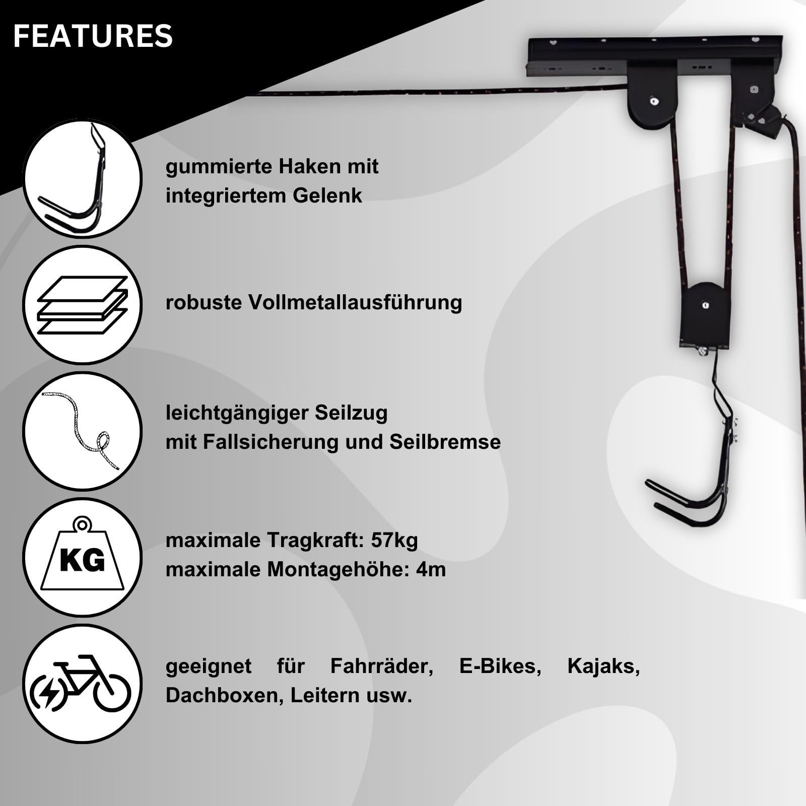 Fahrradlift Plus Support de plafond pour vélo électrique – Idéal pour les coffres de toit, kayaks – Ascenseur de vélo jusqu'à 57 kg – Efficace et sûr pour plus d'ordre dans le garage ou la cave