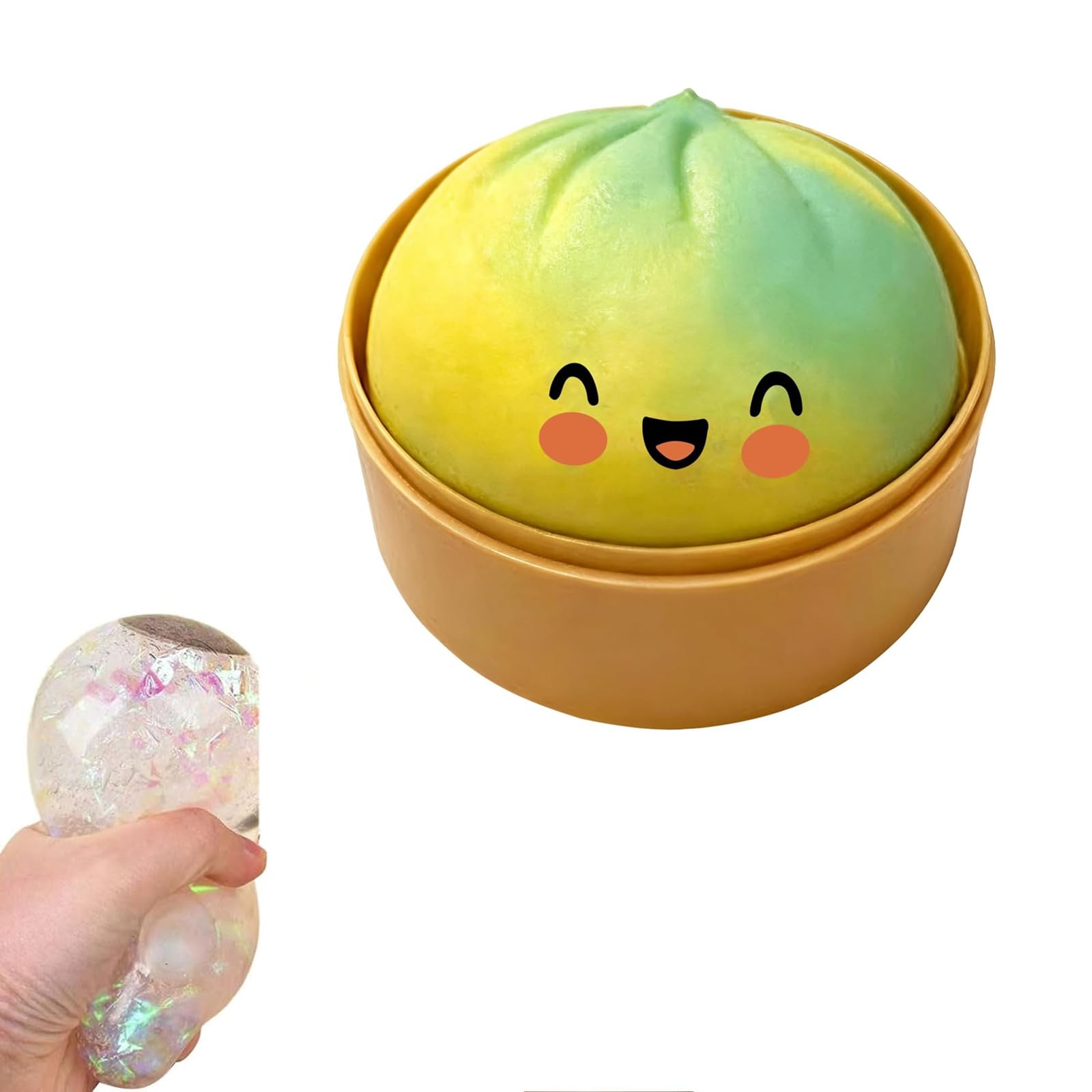 Giant Dumpling, 10cm Glitter Dumpling with Steamer Box, Soft Dough Dumplings Stress Balls, Colorful Sensory Fidget (J)