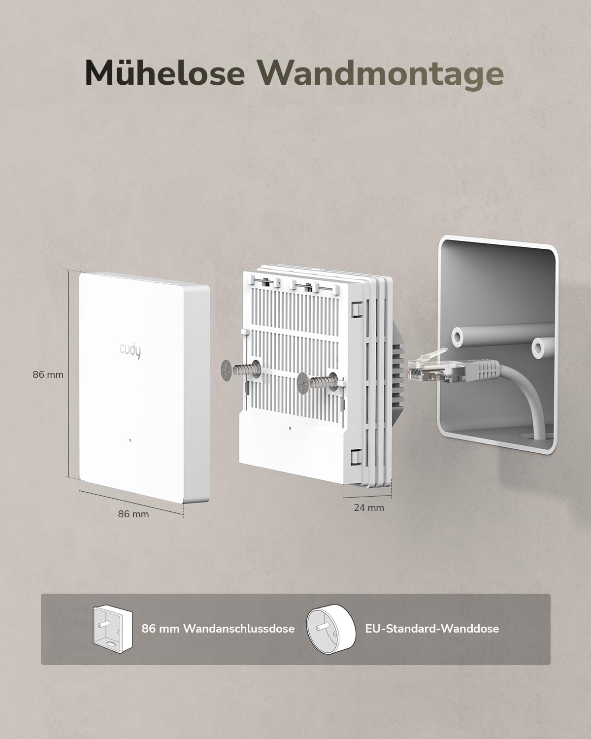 Cudy AC1200 Dual-Band Gigabit Wanddosen-Access Point, 86-mm-Design, Gigabit RJ45, Mesh-Unterstützung, MU-MIMO, Beamforming, nahtloses Roaming, PoE-Stromversorgung, AP1300E Wall