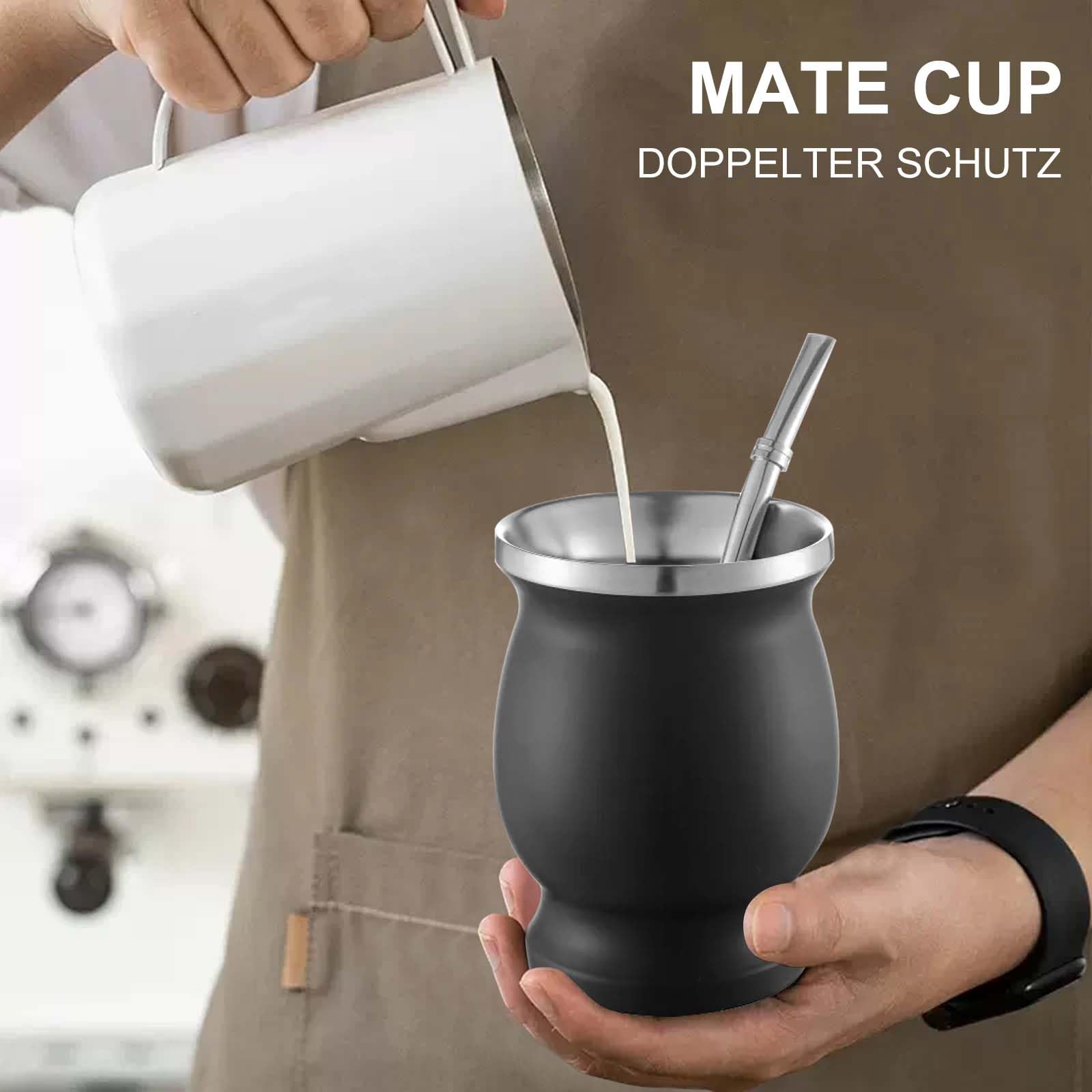 2 Stück Mate Becher Set mit Löffel und Reinigungsbürste, edelstahl, Yerba Mate Cup, dishwasher safe, dauerhaft für Küche, Restaurant, Café (Schwarz+Weiß)