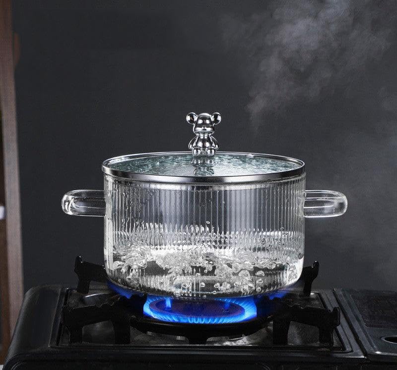 Avastro 1.6L Heat Resistant Glass Soup Pot with Lid | Double Handle Microwave, Gas Stove & Induction Compatible Cooking Pot | Transparent Glass Noodle & Soup Cooking Pot | Non-Stick Induction Bottom 1