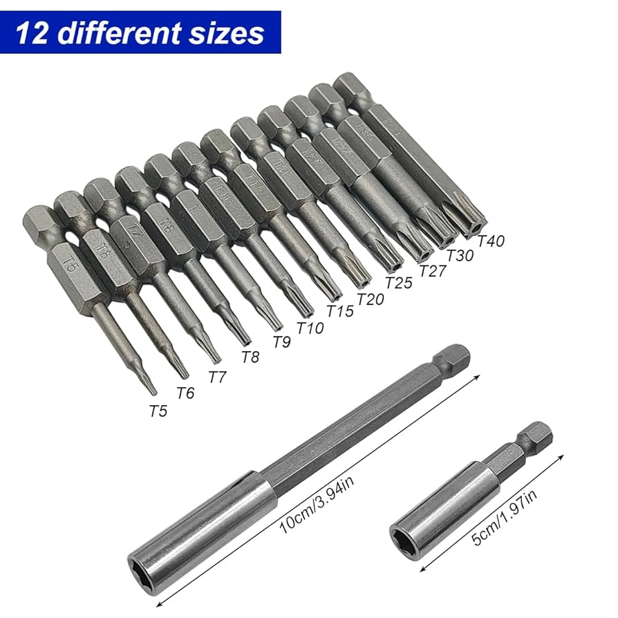 12 Pcs Torx Head Screwdriver Bit Set + 2 Sizes Magnetic