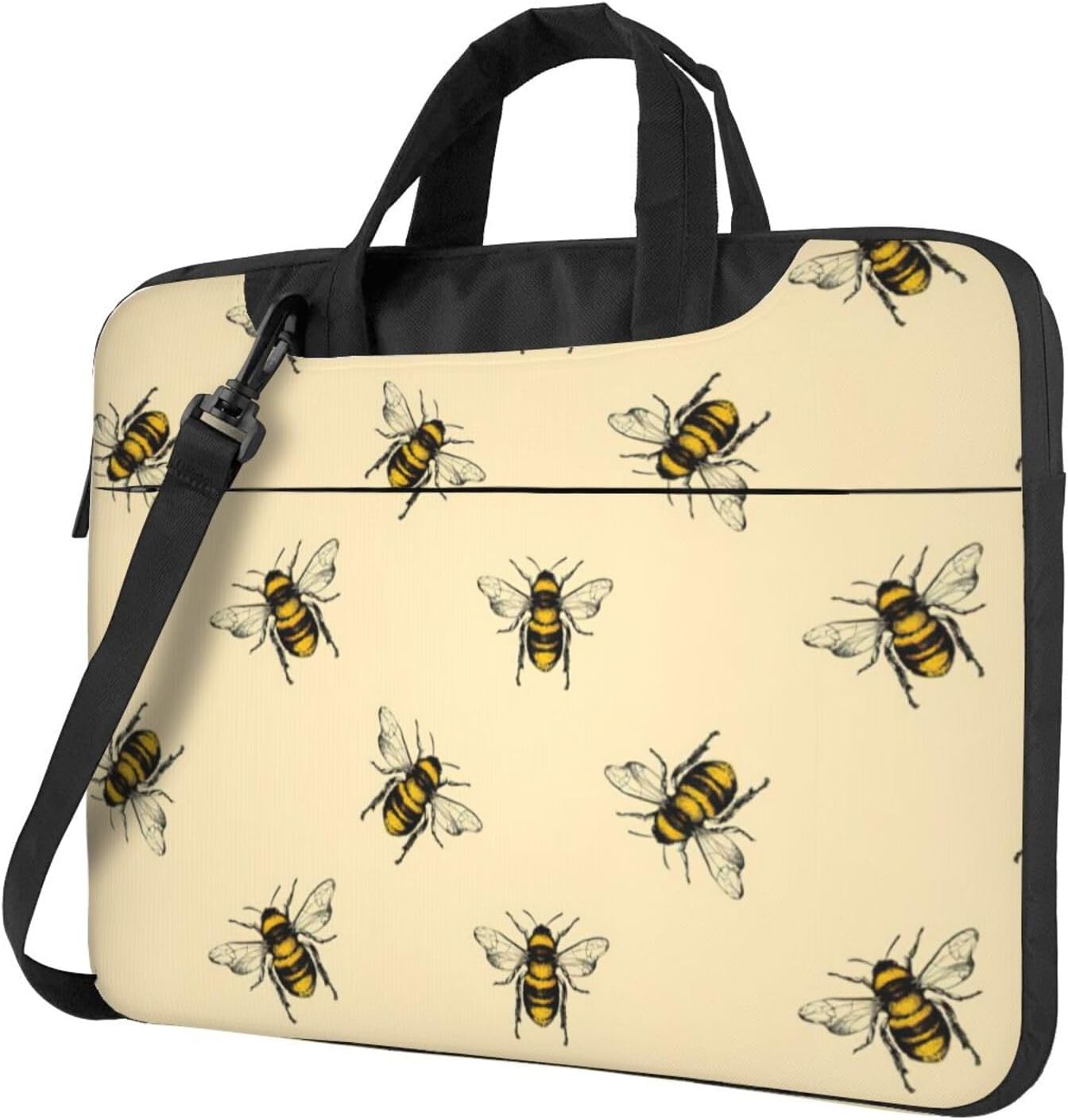 Honey Bee Print Laptop Shoulder Bag Messenger Bag Notebook with Accessories Pocket 13/14/15.6 inch, Black, 15.6 inch