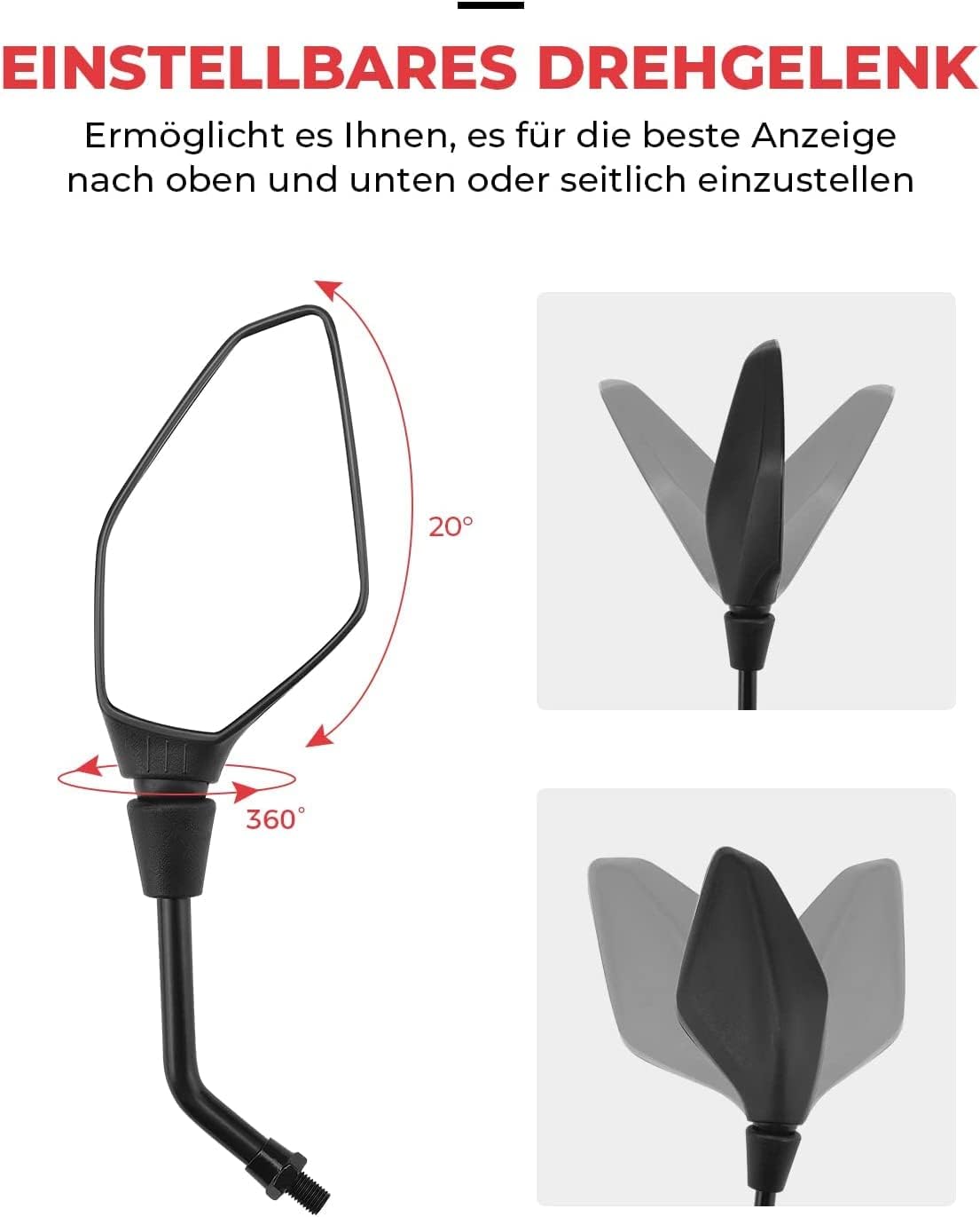 KEMIMOTO Motorrad Spiegel E Geprüft, Universal Mit M8 M10, Rückspiegel Mit Halterung, Für Moped, Roller, Seitenspiegel Kompatibel Mit Meisten Modellen