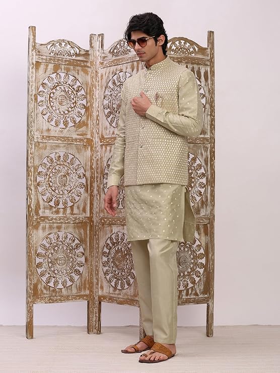 Pro-Ethic Style Developer Men's Cuffed Sleeves Silk Kurta and Trouser Set with Waistcoat (Nehru Jacket) (C-120) - Image 7