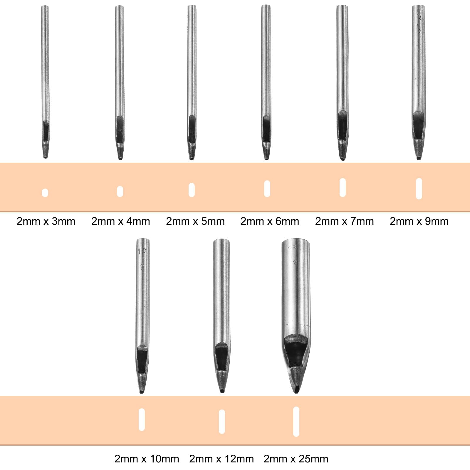 QUARKZMAN 9Pcs Ensemble De Poinçon Ovale 2mm Kit De Découpe Creuse En Cuir Poinçon Rectangulaire En Acier Au Carbone Outil De Poinçonnage Pour Toile Sangle Ceinture Bracelet Monture Travail
