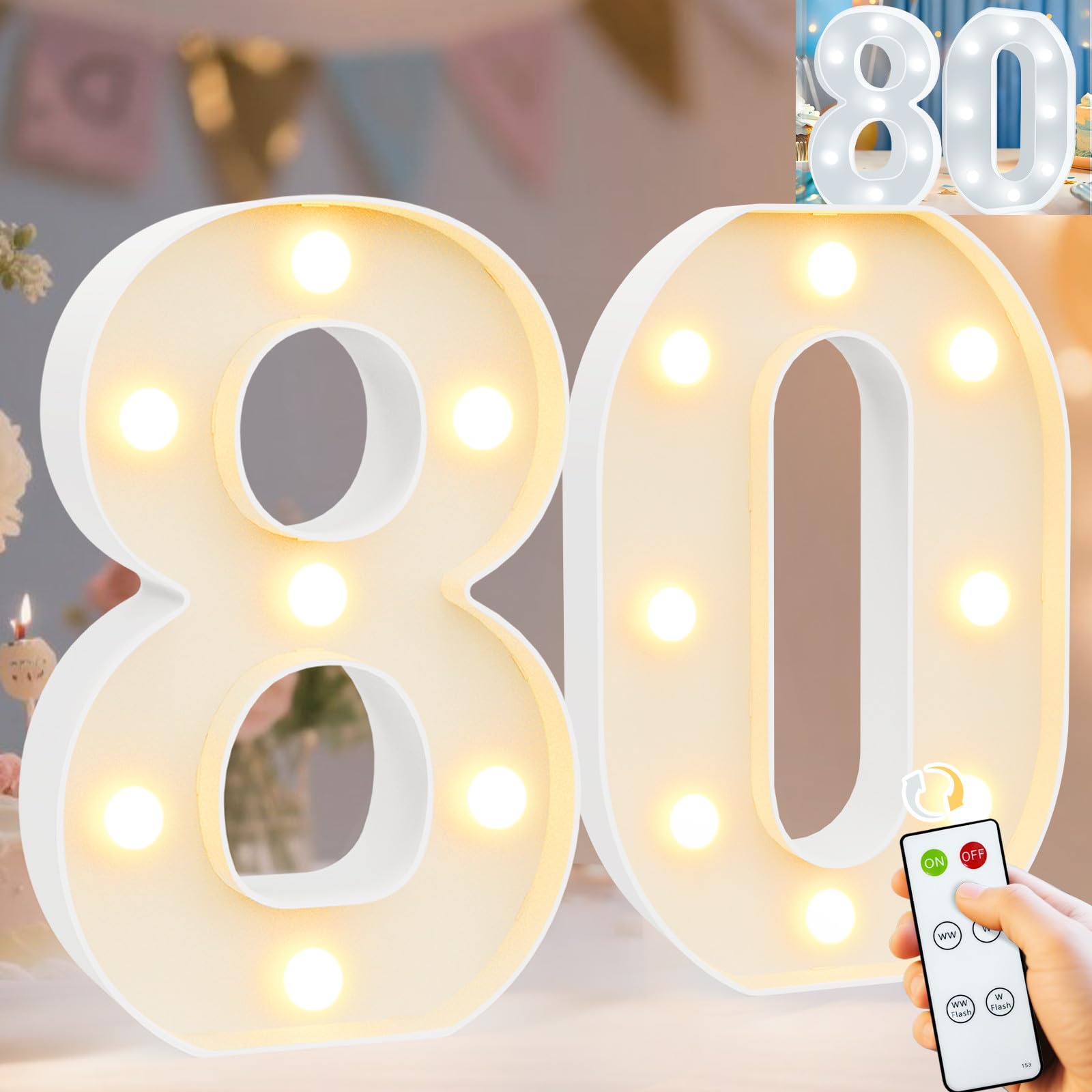 Pooqla 80th Birthday Decorations for Women Men, Decorative Marquee Numbers with Remote, Light Up 80 Sign for Party Backdrop 80th Wedding Anniversary Decor, Warm White and Cool White Number 80