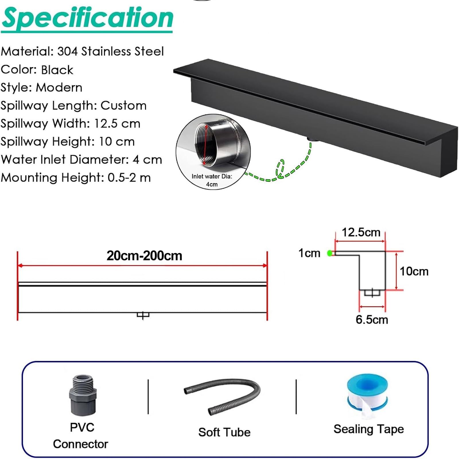 TYH Kit di Scarico a Cascata per laghetto, da Incasso a Parete, per laghetti da Giardino, Fontana a Cascata in Acciaio Inox per Piscina (20-200 cm)