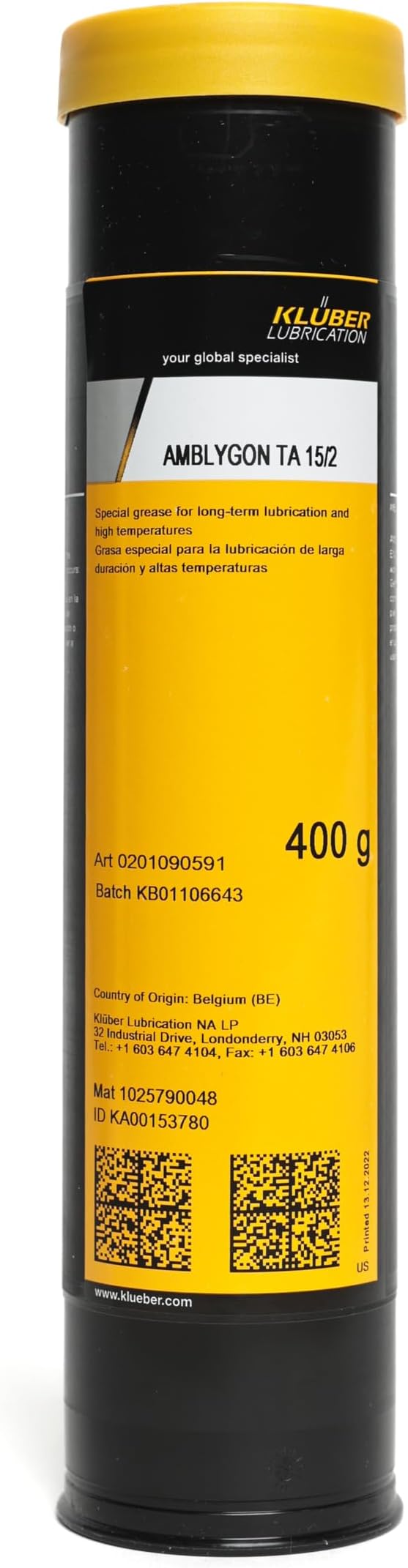 Kluber AMBLYGON TA 15/2 High Temperature Grease in Water Pumps, Washing Machines, Dishwashers and Power Tools 400g Cartridge