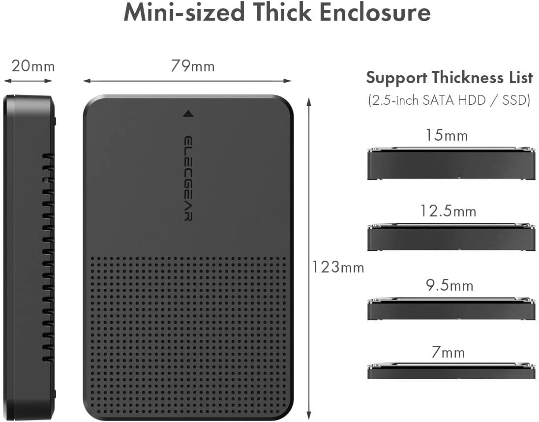 ElecGear USB C 3.1 Gen2 External Disk Enclosure for 7mm to 15mm 2.5-inch SATA Hard Drive, Portable Caddy Case Converter for Thick and Standard 2.5'' HDD and SSD, Type A Cable and USB C Adapter