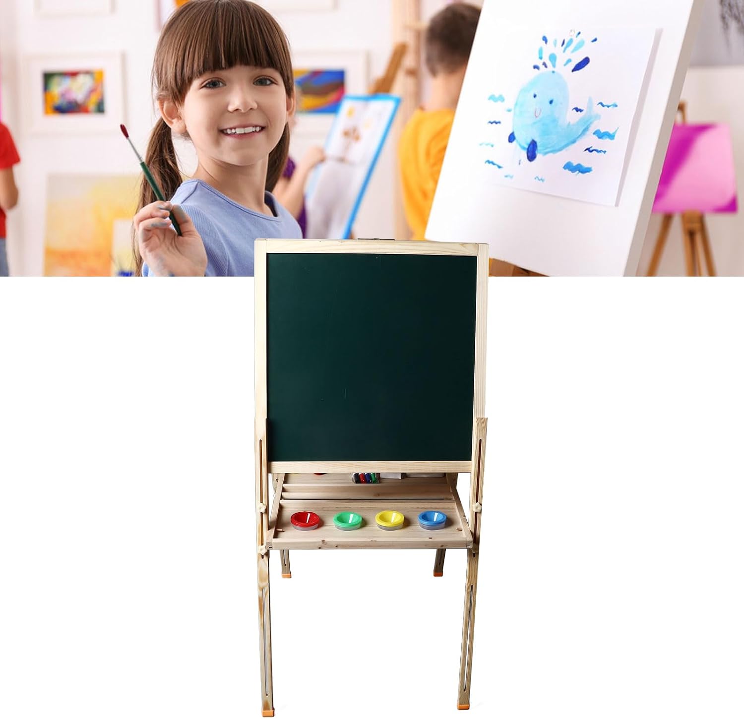 Easel for Kids, Foldable and Liftable Double Sided Magnetic Whiteboard and Chalkboard with Pen Chalk Eraser for Painting Drawing