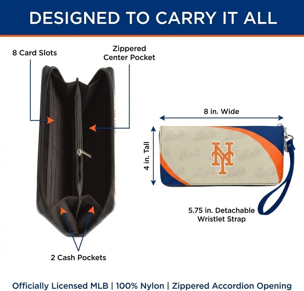 Littlearth MLB New York Mets Curve Zip Organizer Wallet, Wristlet and Wallet in One, Team Color, 8 x 4 x 1 Inches