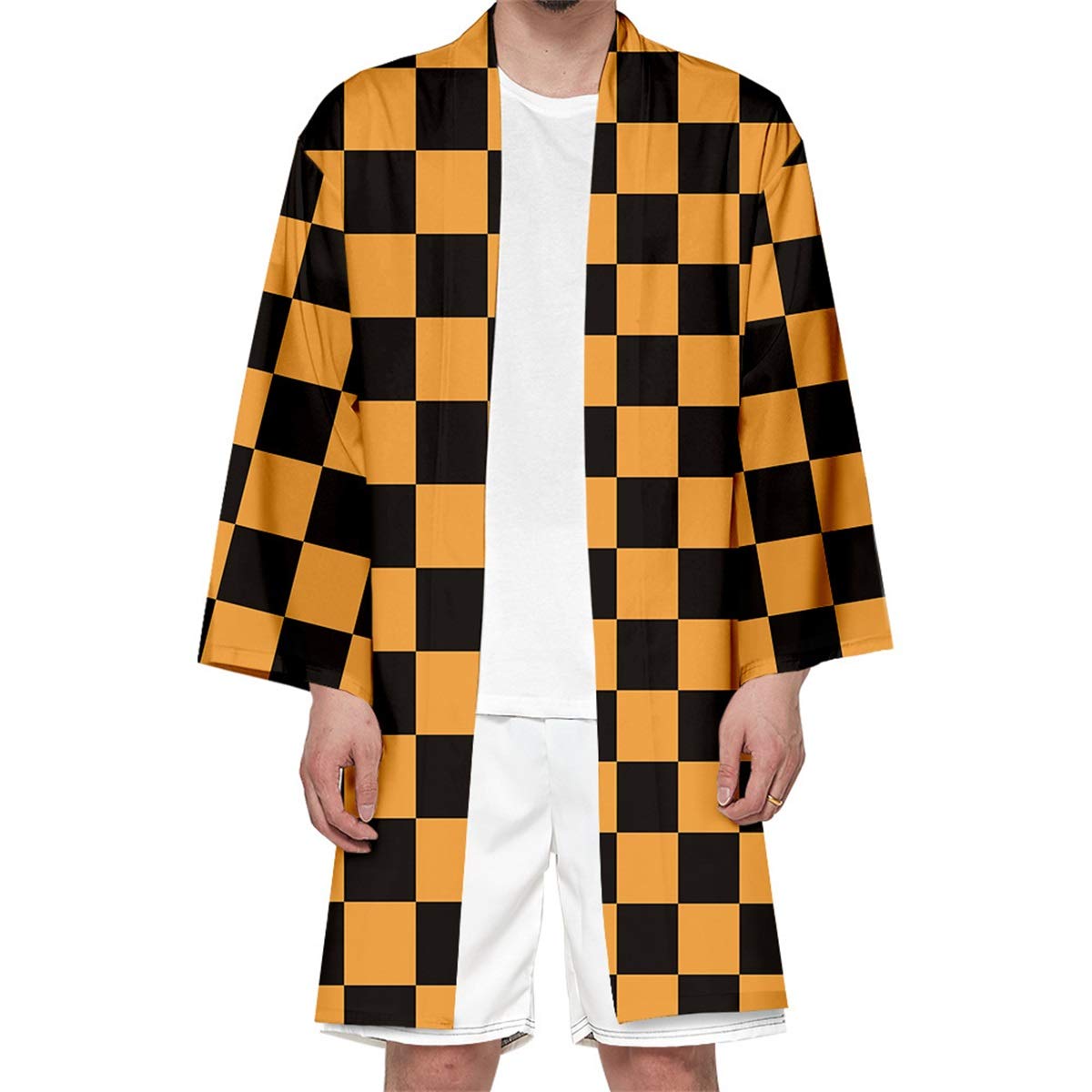 Seidarise Men's Haori, Long Kimono Cardigan Jacket Japanese Style Flying Crane Seven Sleeves Open Front Coat