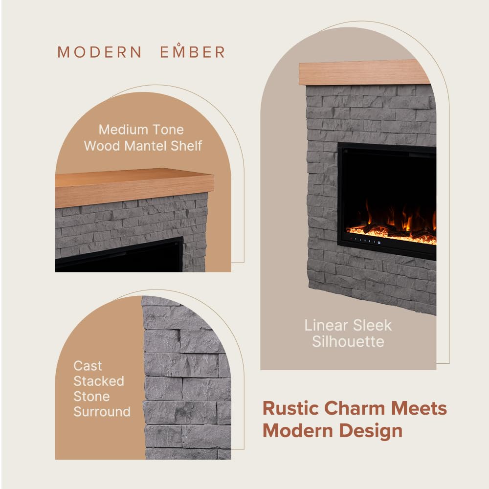 Modern Ember Wyman Linear Grey Stone Mantel Package with 50