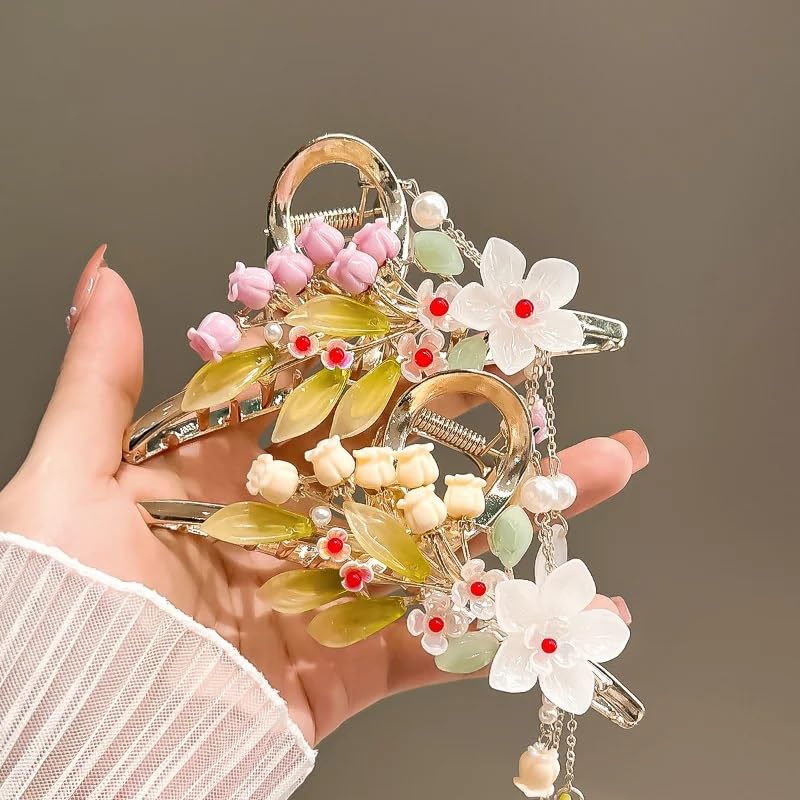 1 PCS Flower Pearl Spring Hairpin Vintage Zircon Horsetail Top Clip Elegant Female Fashion Hair Accessories, Chinese Style Flower Tassel Hair Clip Hanfu Style Hairpin Hair Claw