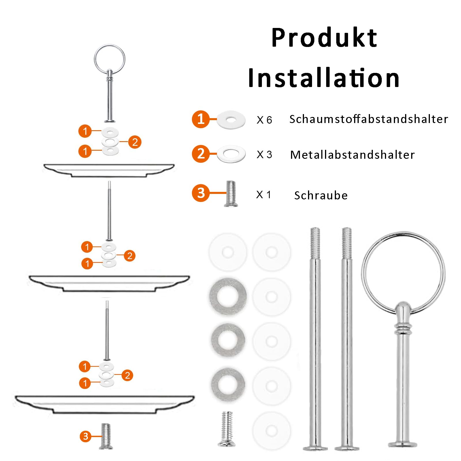 Etageren Stangen Set, 6 Stück Silbrig Metallstangen für Etagere, Cakepopständer 3 Etagen, Etagere mit Schrauben und Unterlegscheiben, Etagere 3 Etagen, Wiederverwendbar, für Obsttablett