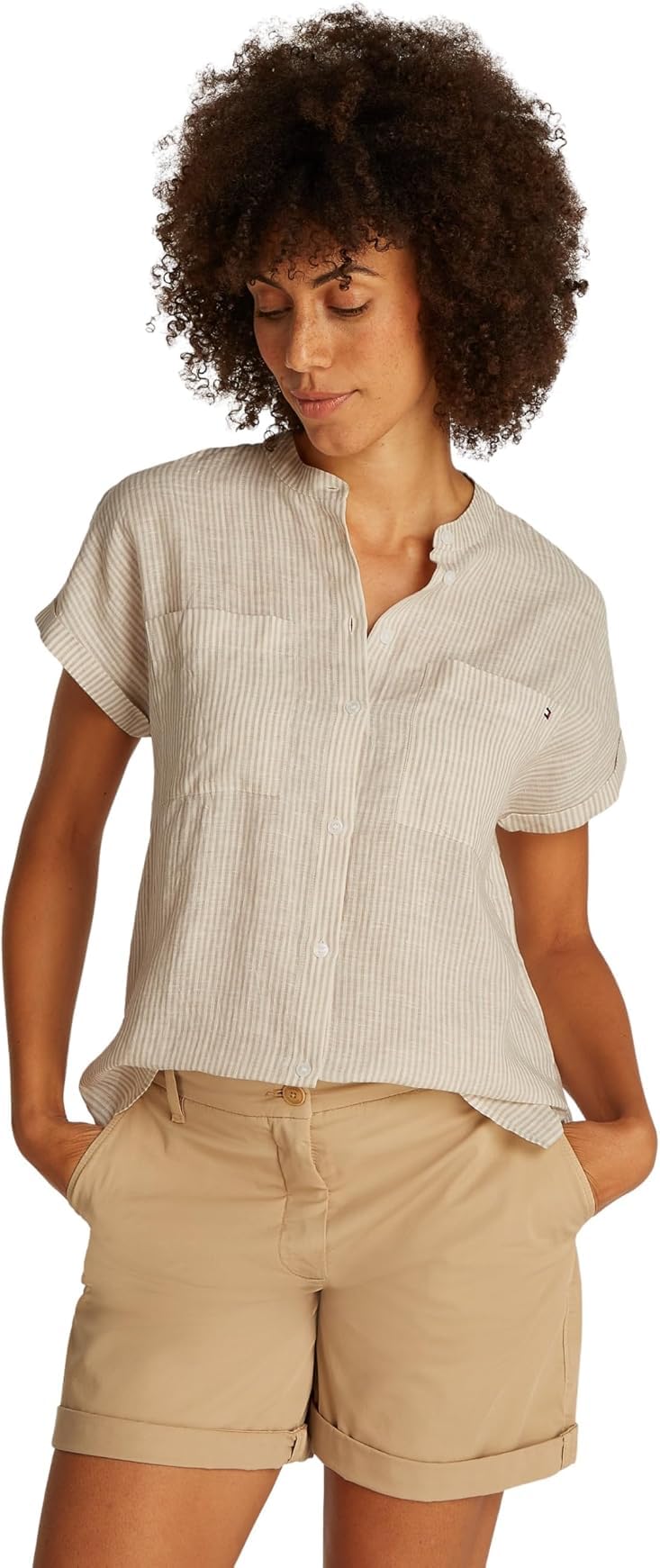 Tommy Hilfiger ESS lniana bluzka bez kołnierza S/S WW0WW44715 Kobiety Ess Linen Collarless S/S Blouse Ww0ww44715