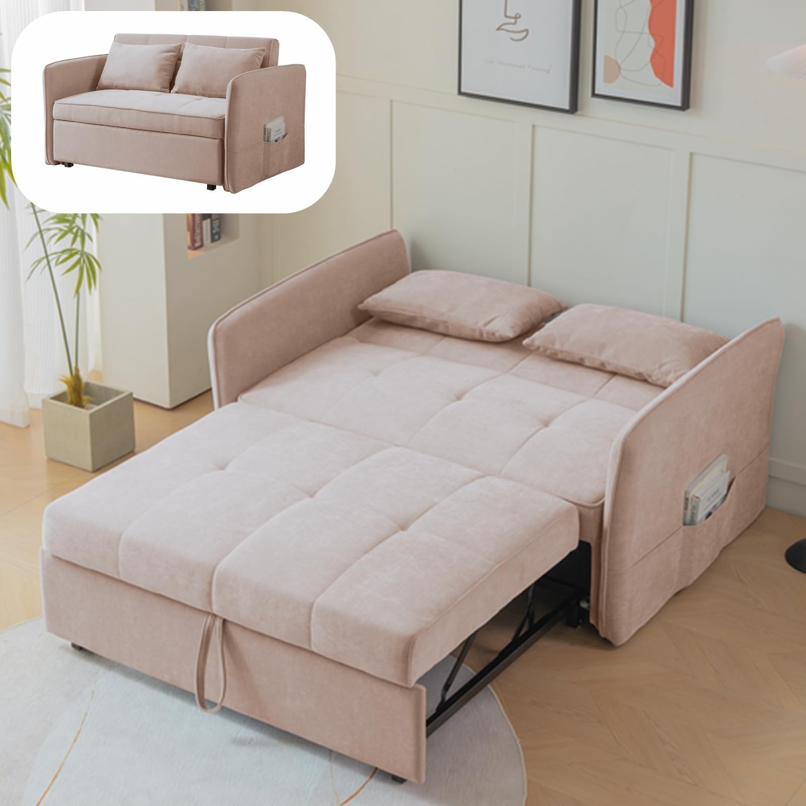 Gagawin Convertible Sleeper Sofa Bed, 3-in-1 Multi-Functional Sleeper Couch Pull Out Bed, Chenille Love Seat Sleeper Bed with Adjustable Backrest & Armrest for Living Room Small Space (Pink)