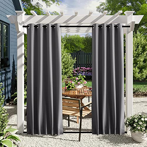 NICETOWN 2 Panels Blackout Outdoor Curtains for Patio Waterproof, Grommet & Back Tab on Top & Bottom Weighted Privacy Light & Sound Reducing for Porch with Bonus Rope for Fixed, Grey, W46 x