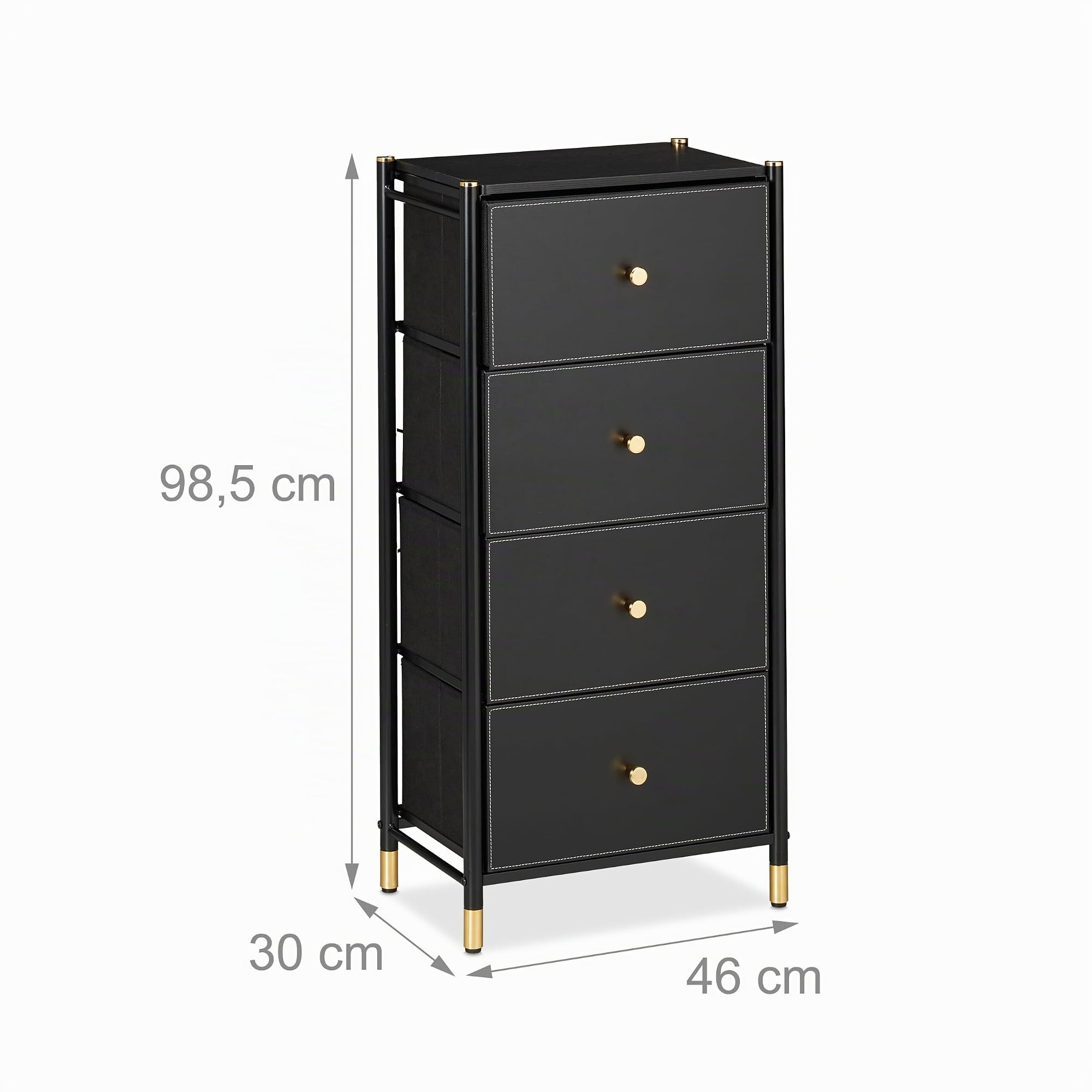 Relaxdays Cassettiera Camera da Letto, 98,5 x 46 x 30 cm, Mobile con 4 Cassetti, Comò in Stoffa e Acciaio, Nero Dorato
