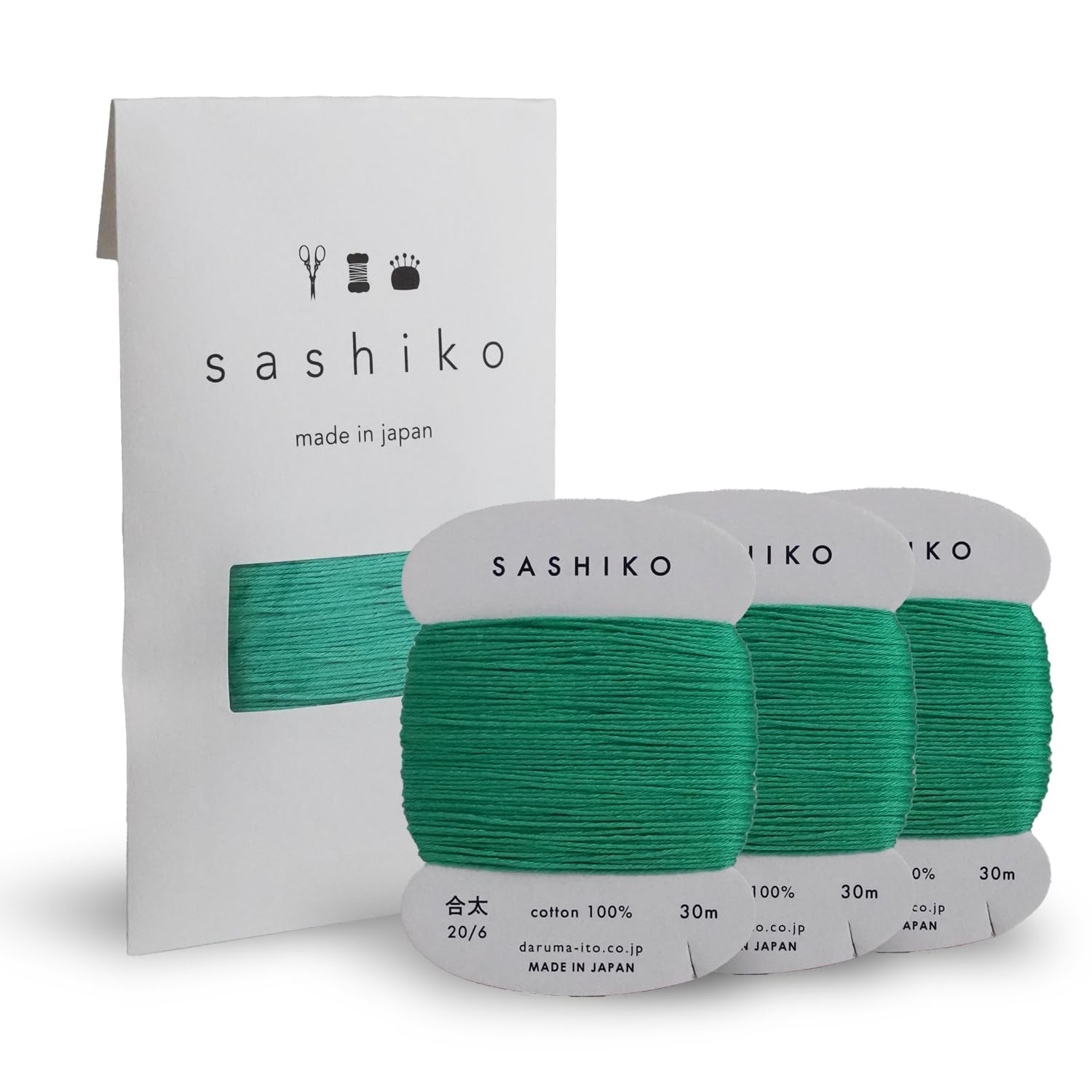 DARUMA Sashiko Thread Card Rolls Set of 3 (32.8 Yards x3) - Sewing & Embroidery, Includes Instruction Manual and Gift Packaging (Thick, Emerald)