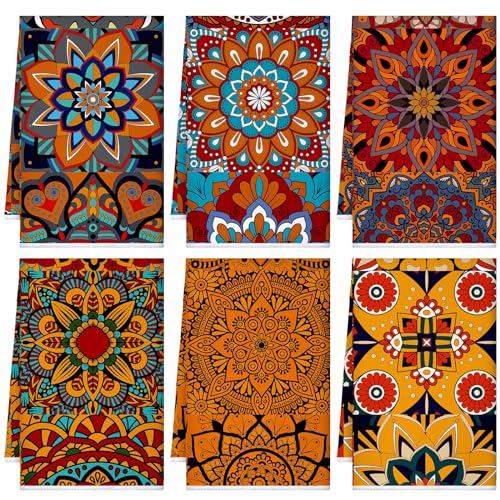 Sratte 6 Pcs Mandala Kitchen Towels 24 x 16 Inch Farmhouse Boho Hand Bath Dishtowels Decorative Absorbent Mandala Tea Towel for Holiday Kitchen Bathroom Decor Gifts