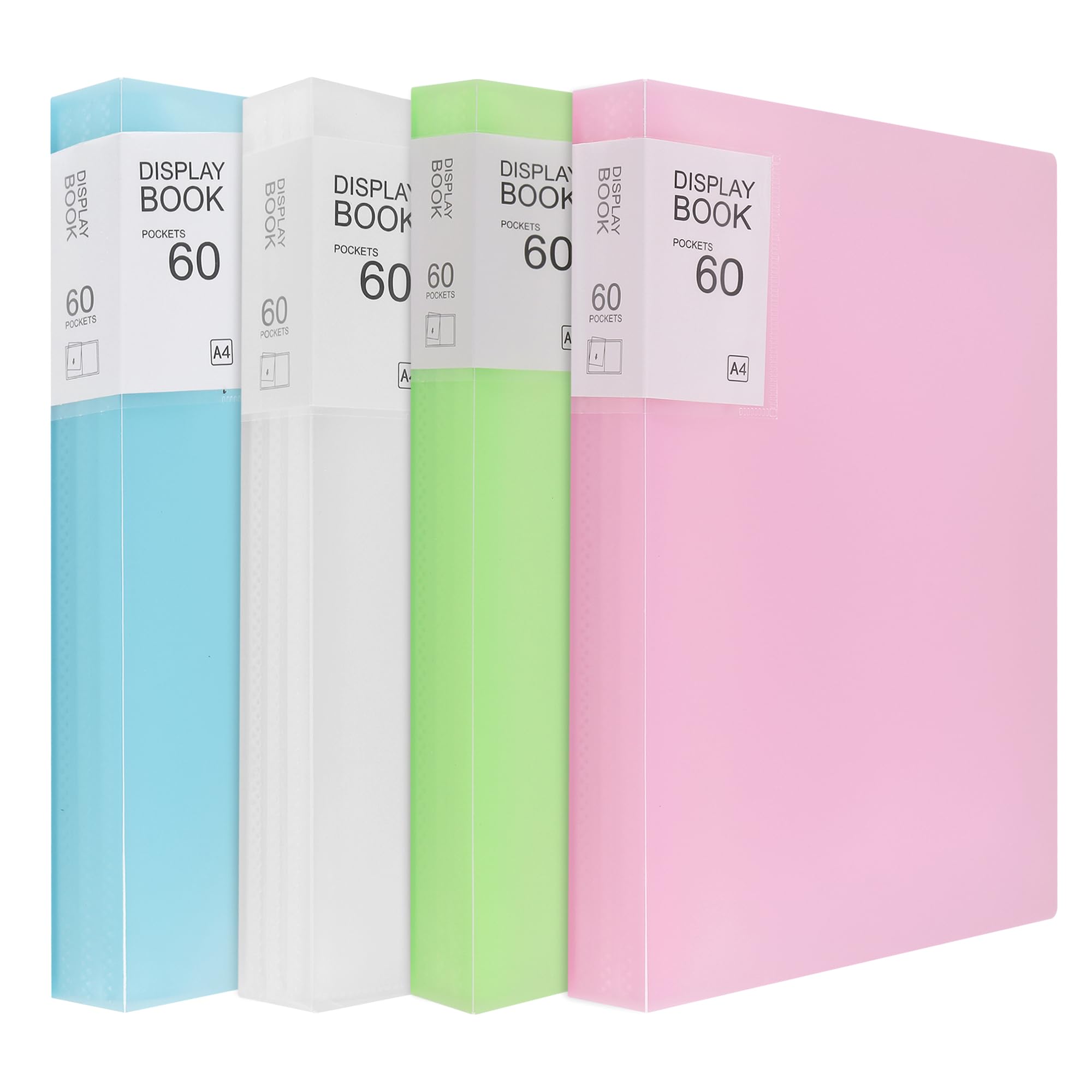 FUNSUEI A4 Display Folder with Plastic Sleeves 4 Pack, 60 Clear Pockets Each Presentation Book, Document Folders for Office, Pink, Blue, Green, White