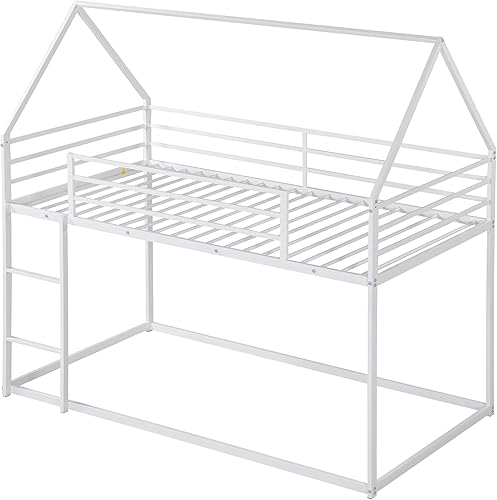 Miniatura 4 de Harper & Bright Designs Litera de metal para niños, cama individual sobre individual, litera baja con forma de casa, techo, escalera, barandilla de