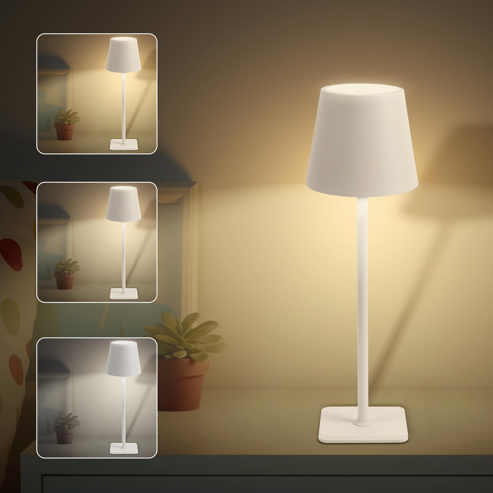 EXTRASTAR Rechargeable Table Lamp, Cordless Lamp 3 Color Dimmable, Metal Touch Bedside Lamp for Living Room Bedroom Office Study-White